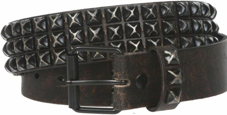 beltiscool Snap On 1 3/4" Three Row Punk Rock Star Distressed Black Studded Leather Belt | Belts