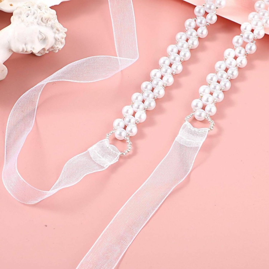 Amaxiu Amaxiu Women Skinny Pearls Belts, Bridal Wedding Waist Belt Bridesmaid Waistband Adjustable White Ribbon Belt For Dress | Belts