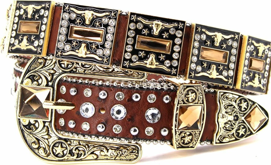 West Star Texas Genuine Leather Western Belt For Men And Women Big Rhinestones With Engraved Buckle For Cowboys And Cowgirls Country Style | Belts